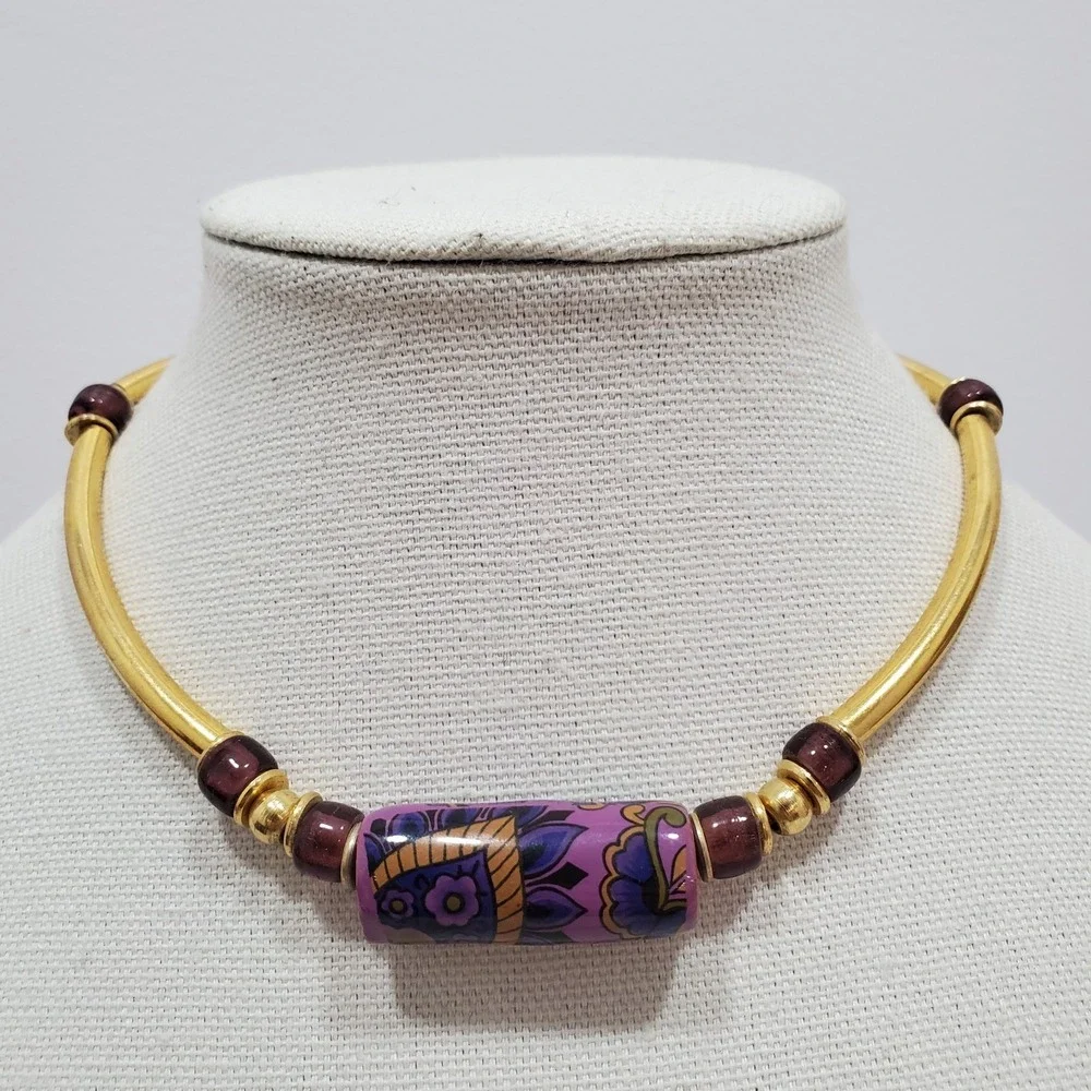 Vtg Omega Style Statement Choker Necklace Goldtone Clay, Metal & Glass Beads